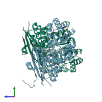 PDB entry 2qdd coloured by chain, side view.