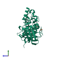 PDB entry 2qdm coloured by chain, side view.
