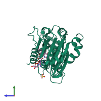 PDB entry 2qdx coloured by chain, side view.