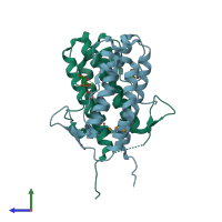 PDB entry 2qe9 coloured by chain, side view.