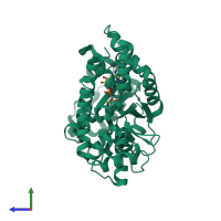 PDB entry 2qen coloured by chain, side view.