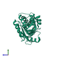 PDB entry 2qet coloured by chain, side view.