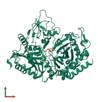 PDB entry 2qf1 coloured by chain, front view.