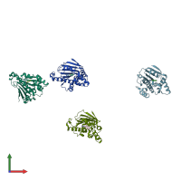 PDB entry 2qf6 coloured by chain, front view.