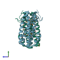PDB entry 2qf9 coloured by chain, side view.