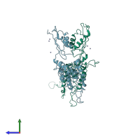 PDB entry 2qfi coloured by chain, side view.