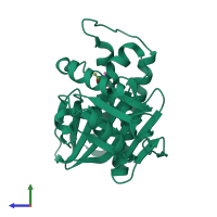 PDB entry 2qfl coloured by chain, side view.