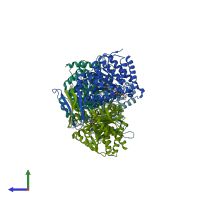 PDB entry 2qfv coloured by chain, side view.
