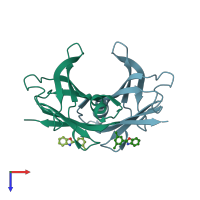 PDB entry 2qge coloured by chain, top view.