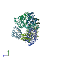 PDB entry 2qgv coloured by chain, side view.