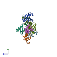 PDB entry 2qho coloured by chain, side view.