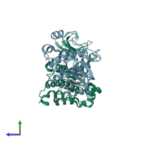 PDB entry 2qi8 coloured by chain, side view.