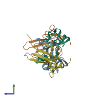 PDB entry 2qjb coloured by chain, side view.