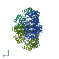 PDB entry 2qjj coloured by chain, side view.