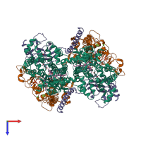 Hetero hexameric assembly 3 of PDB entry 2qjk coloured by chemically distinct molecules, top view.