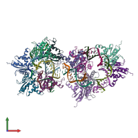 PDB entry 2qkk coloured by chain, front view.