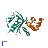 PDB entry 2qkl coloured by chain, top view.