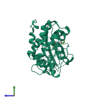Monomeric assembly 1 of PDB entry 2qkr coloured by chemically distinct molecules, side view.