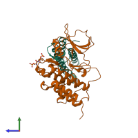 PDB entry 2qkw coloured by chain, side view.