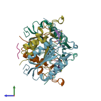 PDB entry 2ql9 coloured by chain, side view.