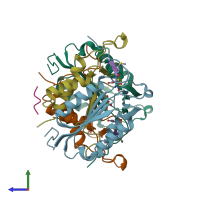 PDB entry 2qlb coloured by chain, side view.