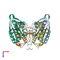 PDB entry 2qlb coloured by chain, top view.