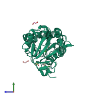 PDB entry 2qlt coloured by chain, side view.