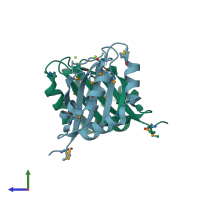 PDB entry 2qlw coloured by chain, side view.