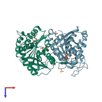 PDB entry 2qm0 coloured by chain, top view.