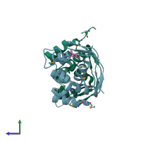 PDB entry 2qm2 coloured by chain, side view.