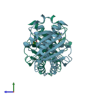 PDB entry 2qmm coloured by chain, side view.