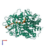 PDB entry 2qno coloured by chain, top view.