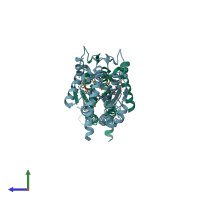 PDB entry 2qnr coloured by chain, side view.