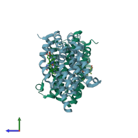 PDB entry 2qpp coloured by chain, side view.