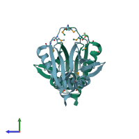 PDB entry 2qpv coloured by chain, side view.