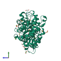 PDB entry 2qpx coloured by chain, side view.