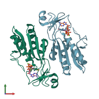 PDB entry 2qq0 coloured by chain, front view.