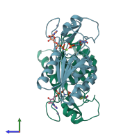 PDB entry 2qq0 coloured by chain, side view.