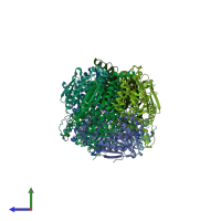 PDB entry 2qq3 coloured by chain, side view.