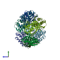 PDB entry 2qq4 coloured by chain, side view.
