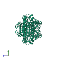Homo dimeric assembly 1 of PDB entry 2qq5 coloured by chemically distinct molecules, side view.