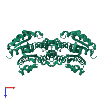 Homo dimeric assembly 1 of PDB entry 2qq5 coloured by chemically distinct molecules, top view.