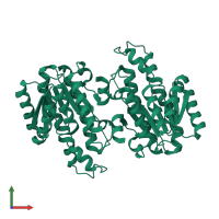 Homo dimeric assembly 2 of PDB entry 2qq5 coloured by chemically distinct molecules, front view.