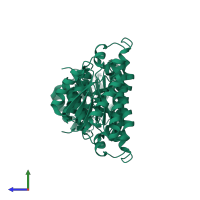 Homo dimeric assembly 2 of PDB entry 2qq5 coloured by chemically distinct molecules, side view.