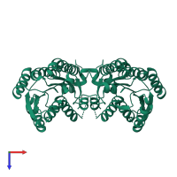 Homo dimeric assembly 2 of PDB entry 2qq5 coloured by chemically distinct molecules, top view.
