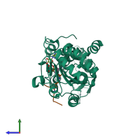PDB entry 2qqg coloured by chain, side view.