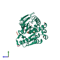 PDB entry 2qru coloured by chain, side view.