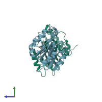 PDB entry 2qs9 coloured by chain, side view.