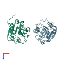PDB entry 2qs9 coloured by chain, top view.