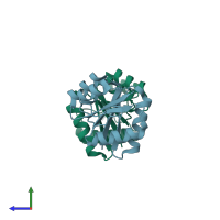 PDB entry 2qsj coloured by chain, side view.